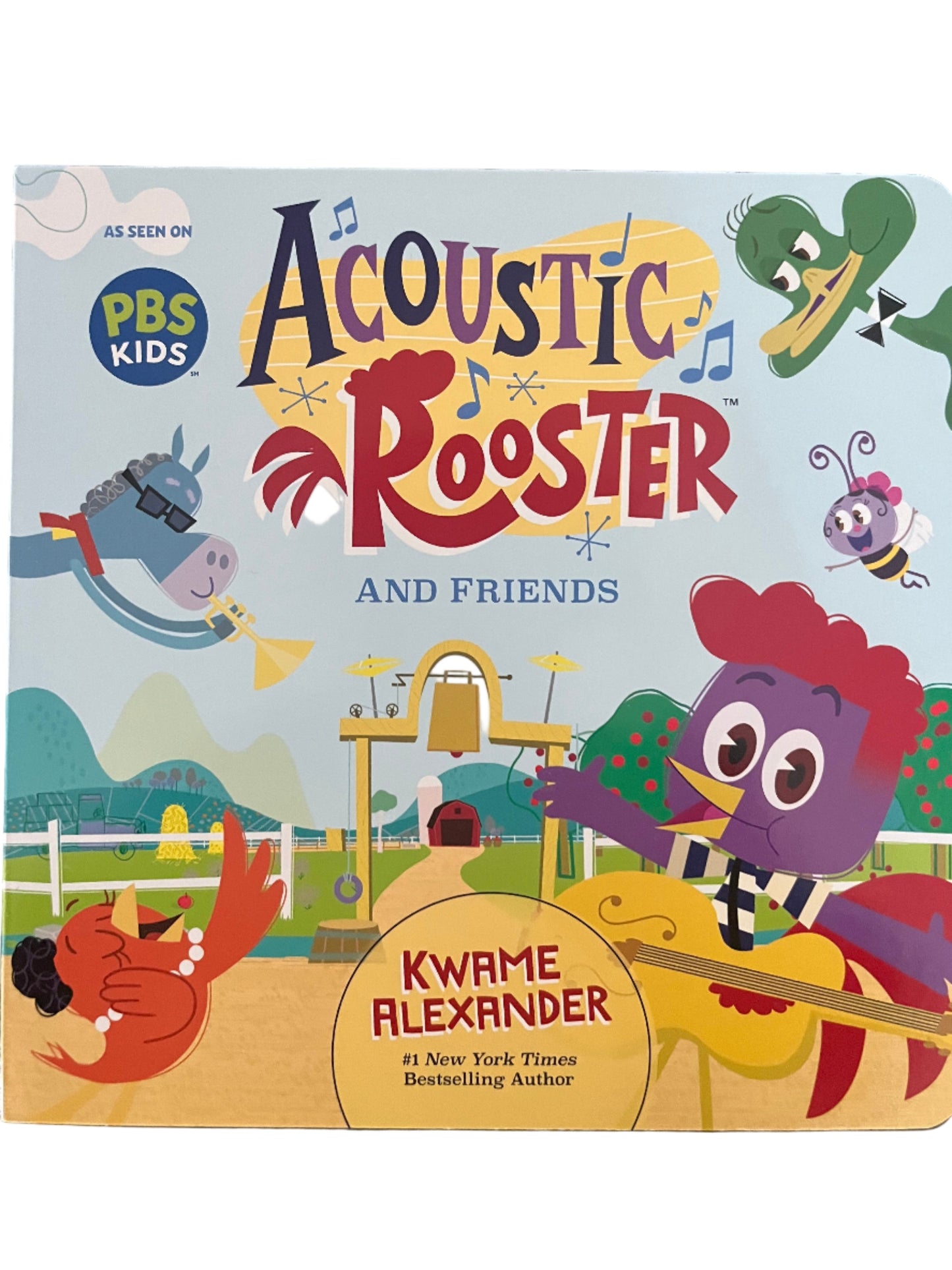 Children's book titled 'Acoustic Rooster and Friends' with colorful illustrations on a dark background