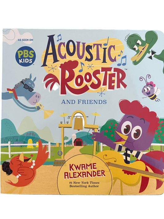 Children's book titled 'Acoustic Rooster and Friends' with colorful illustrations on a dark background