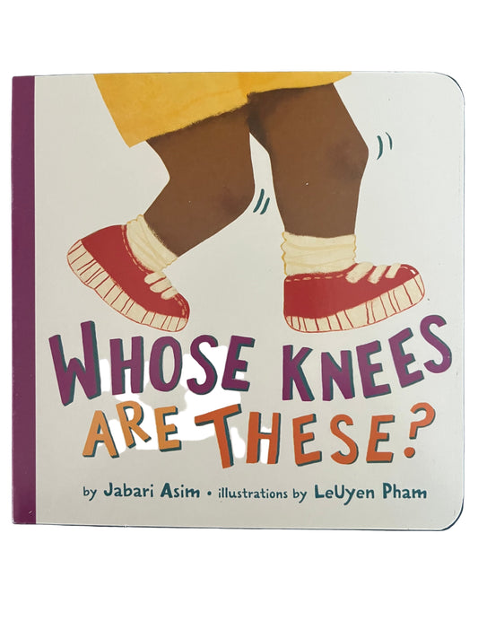 Book cover of 'Whose Knees Are These?' with illustration of legs and text.